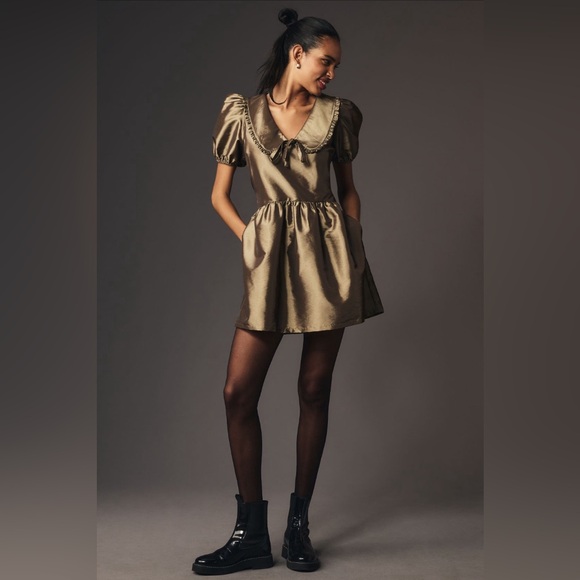✨ Anthropologie Short-Sleeve Collared Taffeta Mini Dress Sz L - Picture 4 of 6